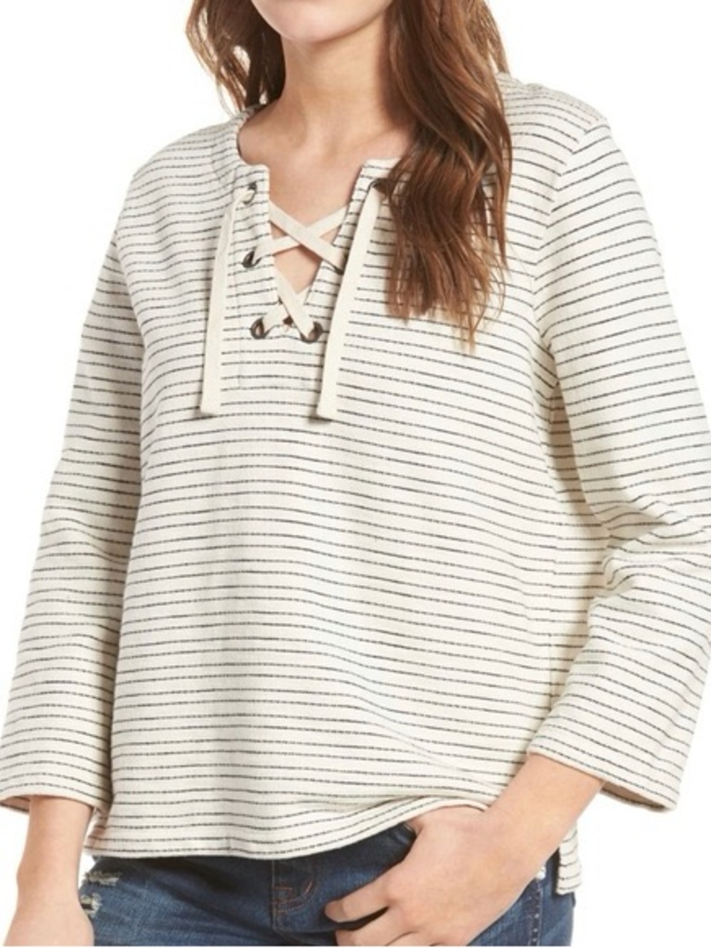 Madewell Striped Lace-Front Knit Top in Cream and Black